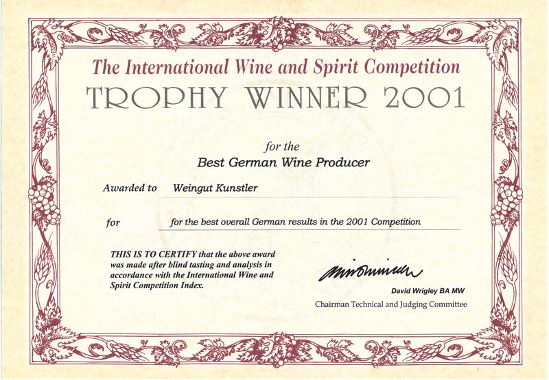 Auszeichnung Wein Plus 2001 - 100 Punkte für Weingut Künstler